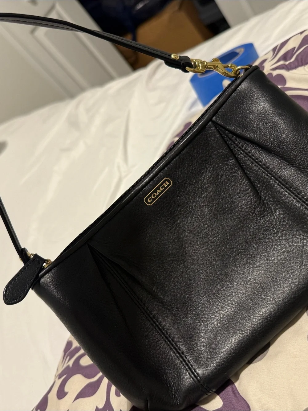 Coach Black Pebbled Leather Shoulder Tote with Gold Logo